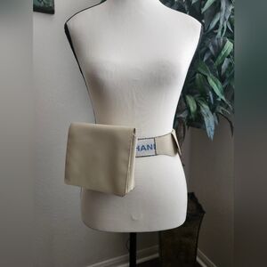 Chanel 1990'S Vintage Beige Nylon Logo Strap CC Buckle Square Flap Waist Bag